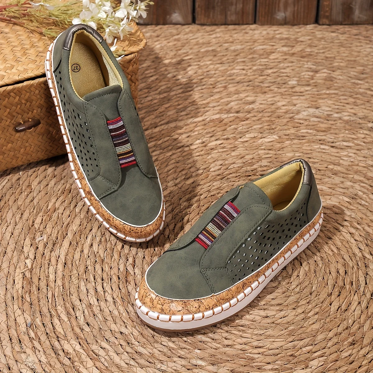 Men's tan faux leather slip-on loafers with round toe orthopedic support and perforated cork sole