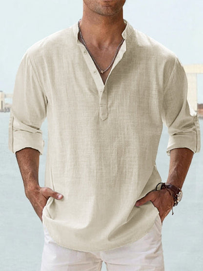Men's relaxed-fit linen shirt mandarin collar long sleeve breathable lightweight casual top