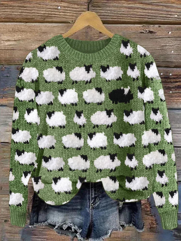 Women's cream long sleeve sweatshirt with all-over sheep pattern print, cozy relaxed fit