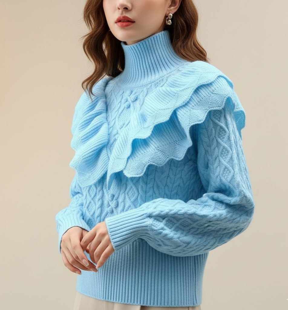 Women's cream cable knit high neck sweater with bold ruffled shoulders, elegant everyday style