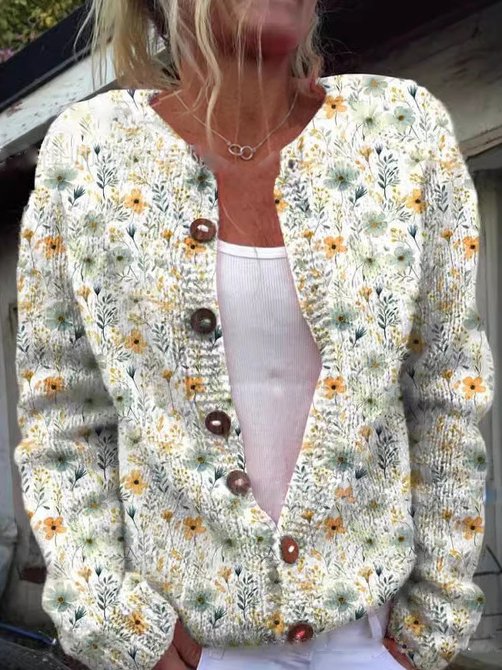 Women's blue floral knit cardigan vintage-inspired open front layering essential with delicate woven motifs