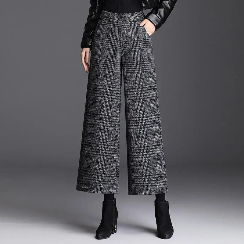 Women's high-waist wide-leg wool check trousers in Nordic pattern, ankle-length business casual fit