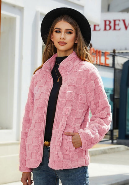 Women's cozy plaid fleece zip-front jacket with high collar for winter warmth