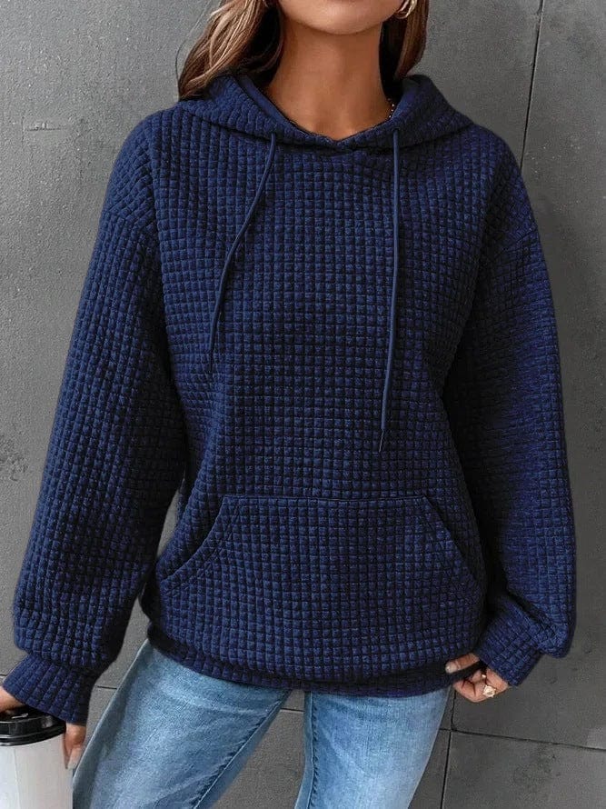 Women's relaxed-fit quilted hoodie with drawstring hood, kangaroo pocket, and ribbed trim