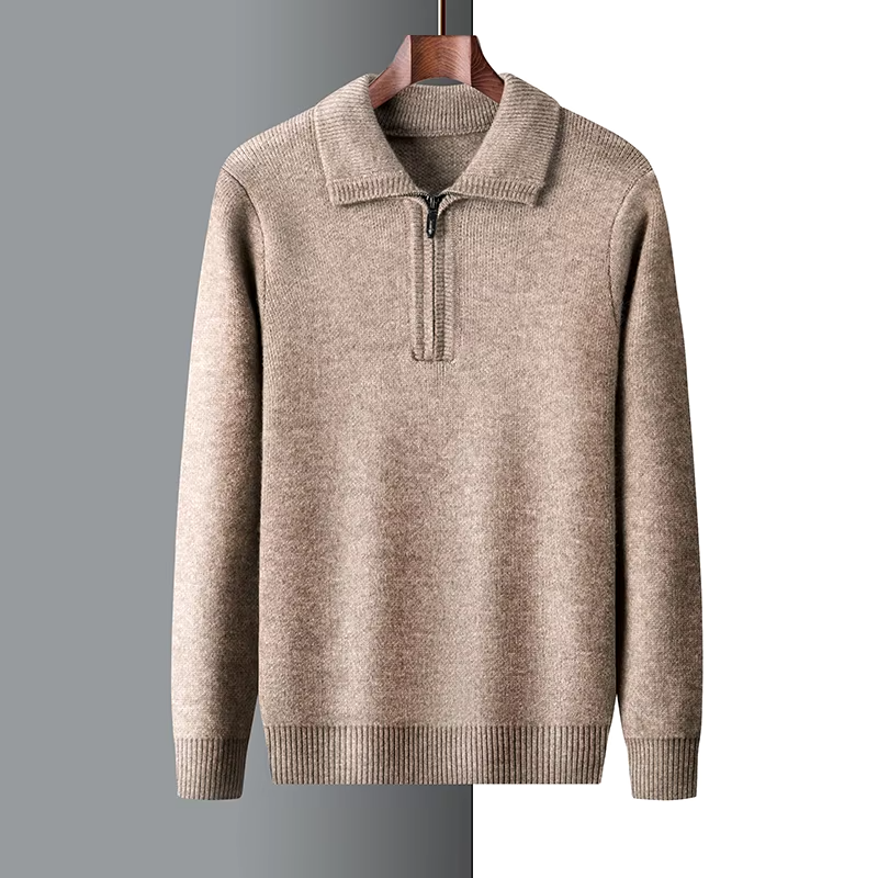 Men's regular fit soft knit sweater with short zip and flat collar in neutral tones