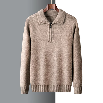 Men's regular fit soft knit sweater with short zip and flat collar in neutral tones