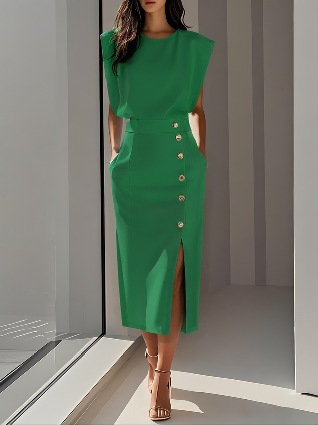 Elegant midi dress with round neckline, button slit detail, timeless feminine silhouette in classic style