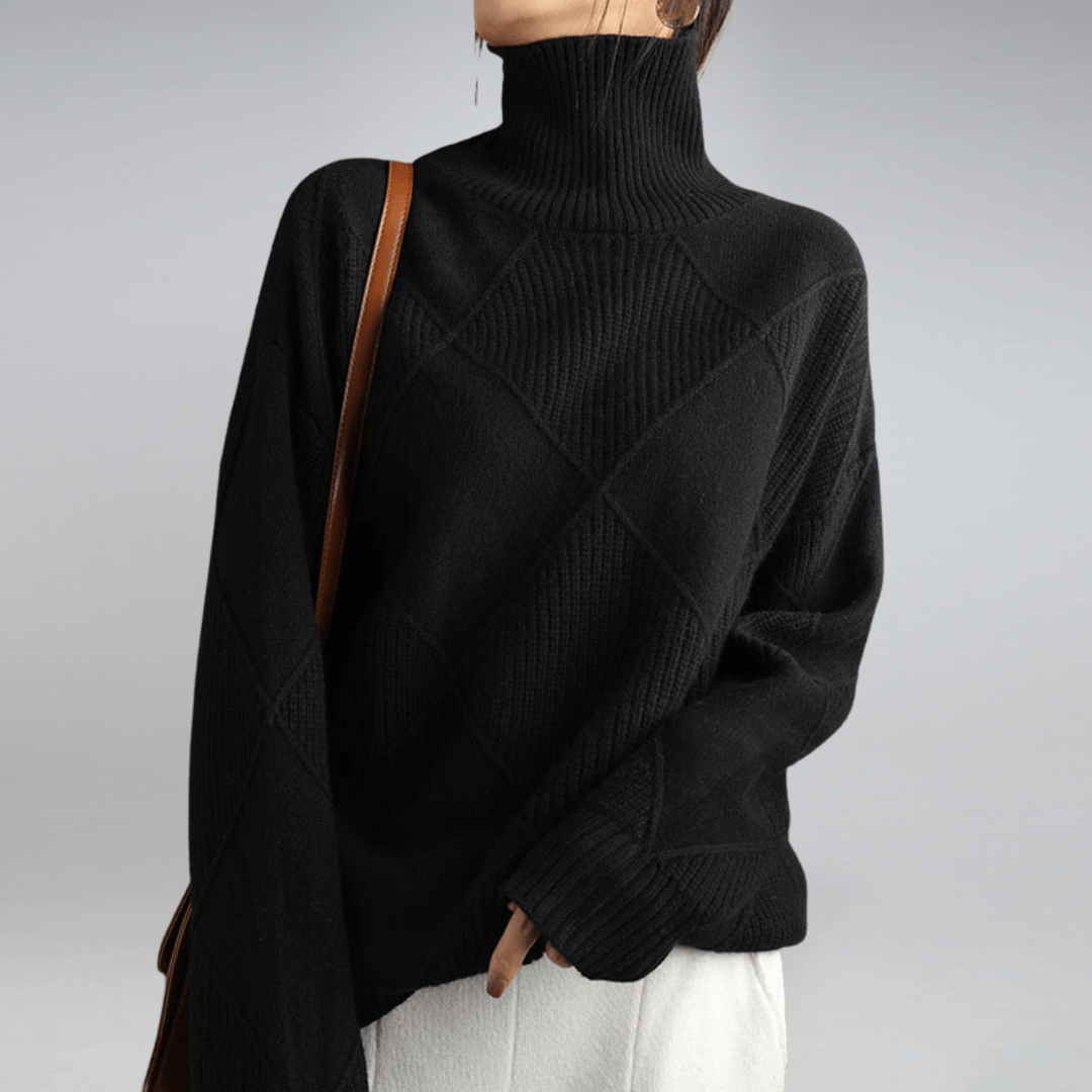 Carrie soft ivory turtleneck sweater slim-fit silhouette with face-framing ribbed collar