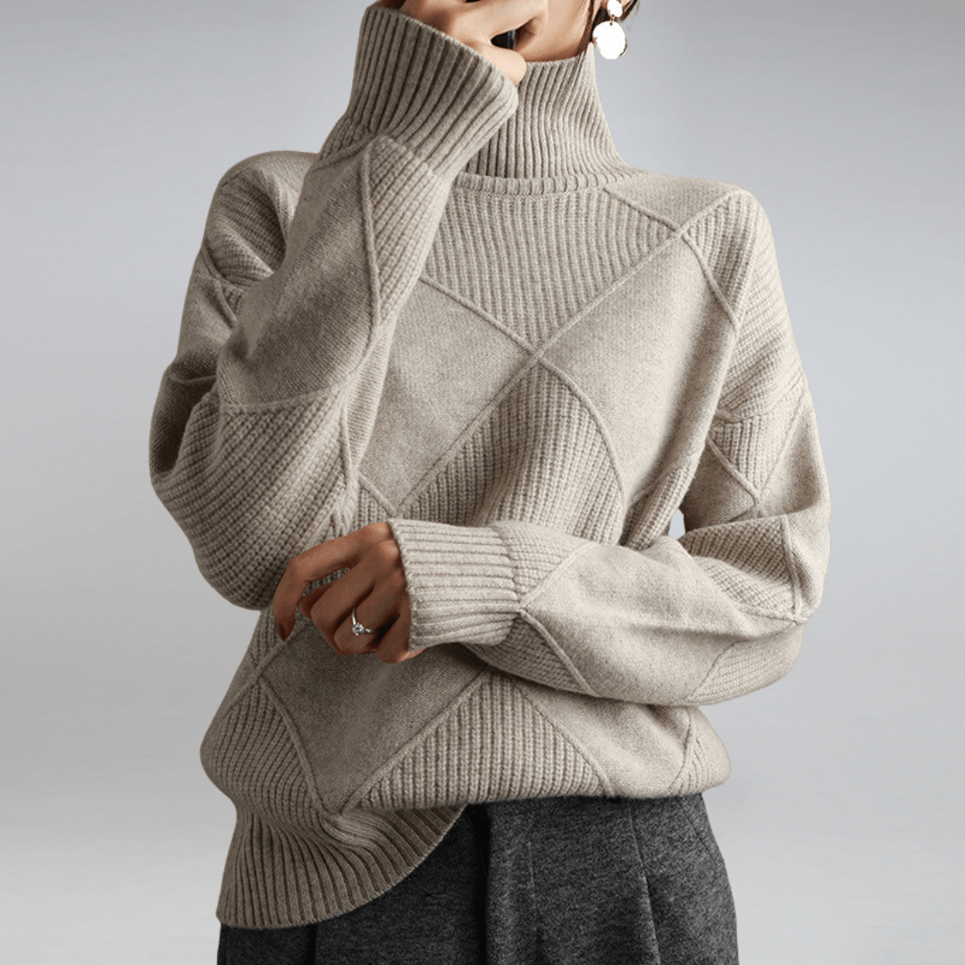 Carrie soft ivory turtleneck sweater slim-fit silhouette cozy knit fabric wardrobe staple
