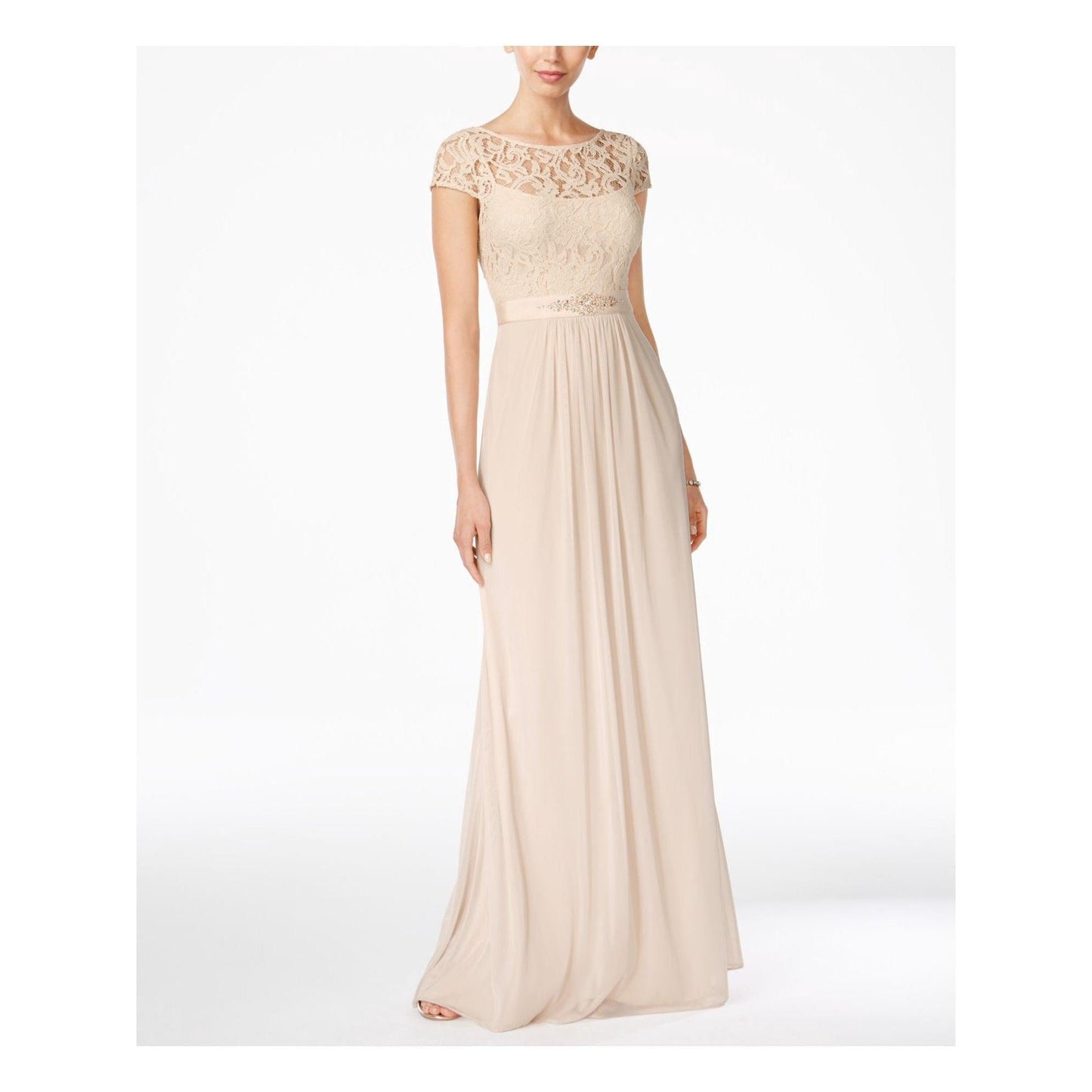 Adrianna Papell fitted lace formal gown illusion jewel neckline cap sleeves pearl trim
