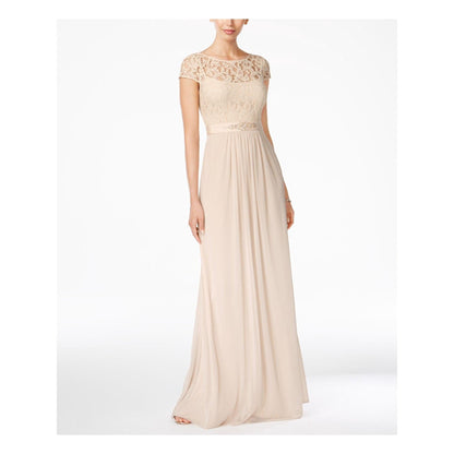 Adrianna Papell fitted lace formal gown illusion jewel neckline cap sleeves pearl trim