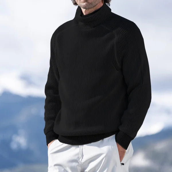 Men's ribbed knit turtleneck sweater in winter casual style with structured high collar for layering