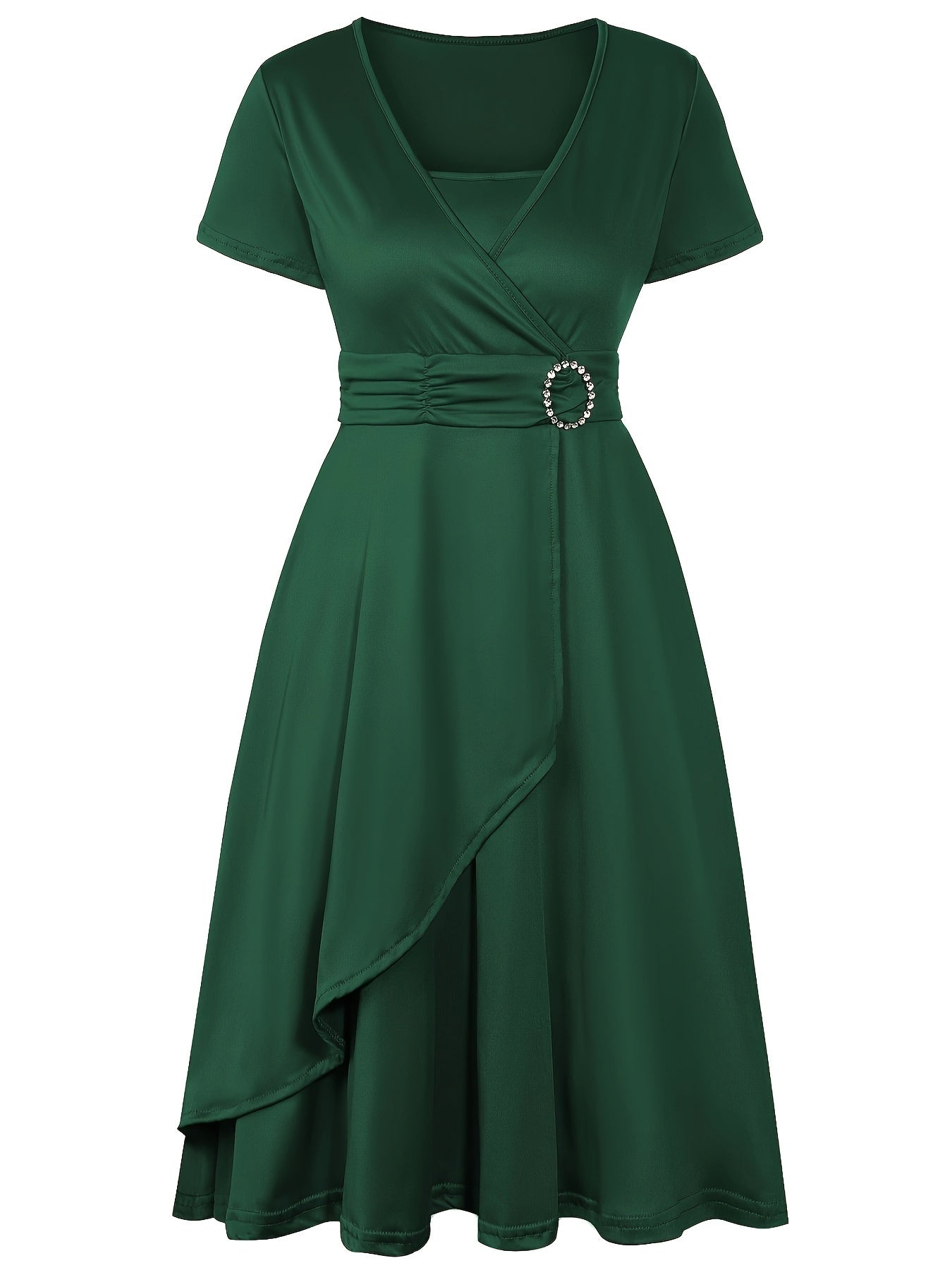 Women's deep navy wrap dress with V-neck, short sleeves, and elegant waist detail for a feminine silhouette