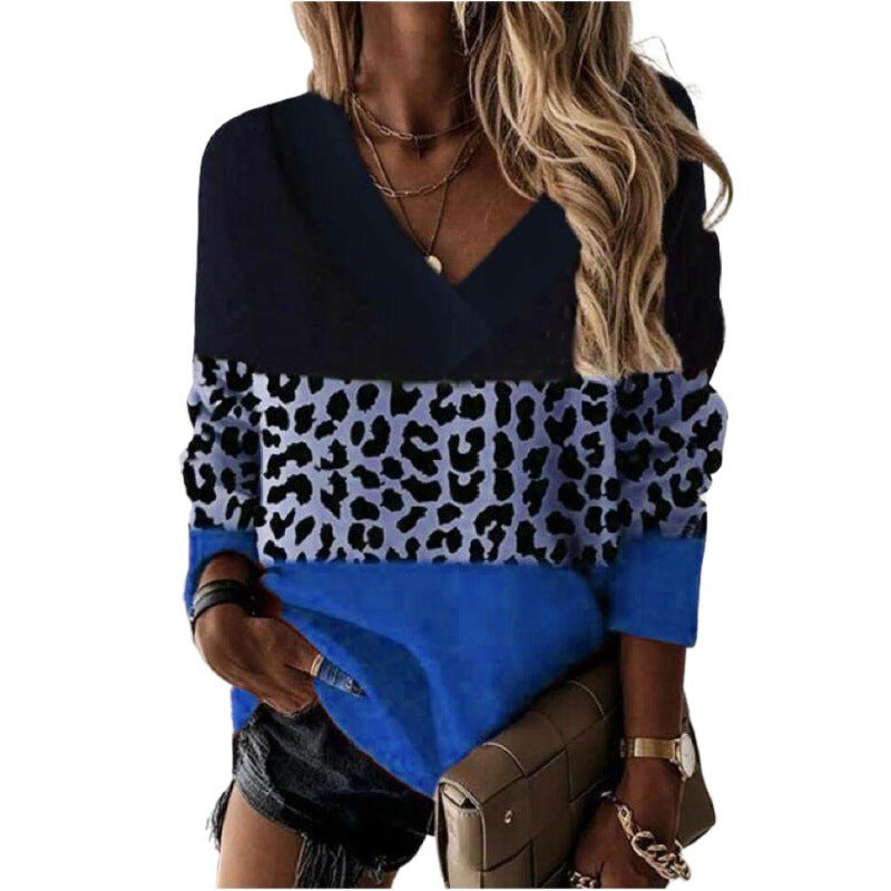 Unisex v-neck leopard print knit pullover sweater long sleeves casual polyester blend Wavlynn