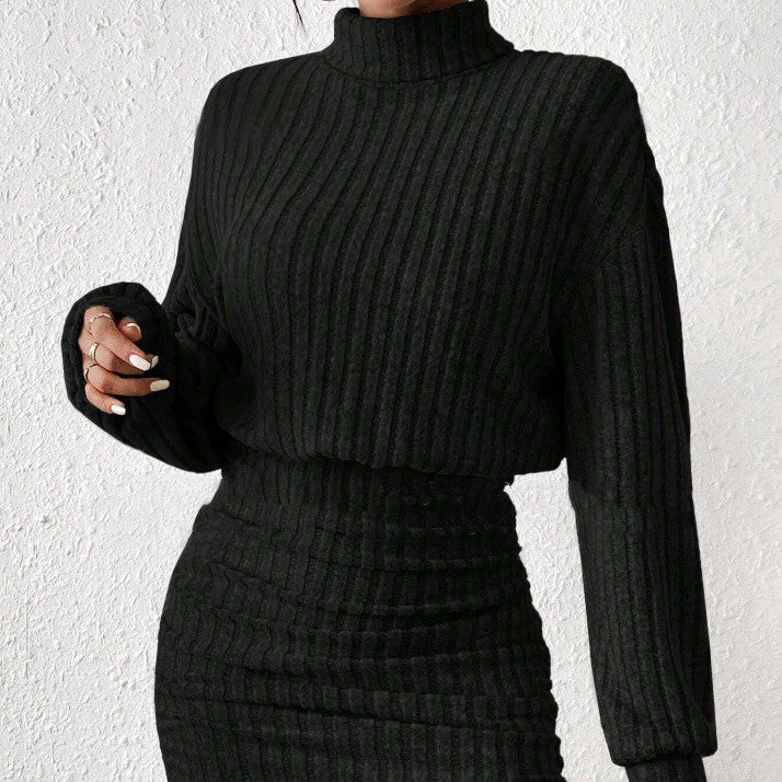 Ivory ribbed knit turtleneck midi dress with structured high neckline, slim cozy winter fit