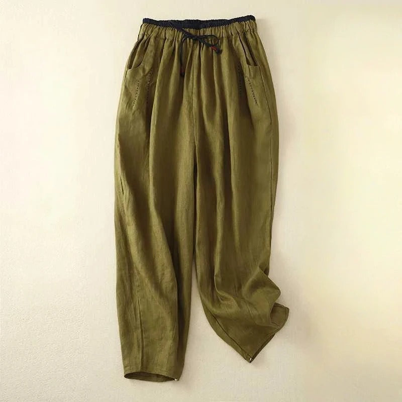 Beige relaxed summer pants with contrast waistband, lightweight breathable fabric for effortless style