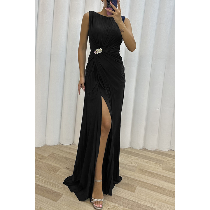 Freesia dusty yellow pleated maxi dress with defined waist for wedding guest evening wear