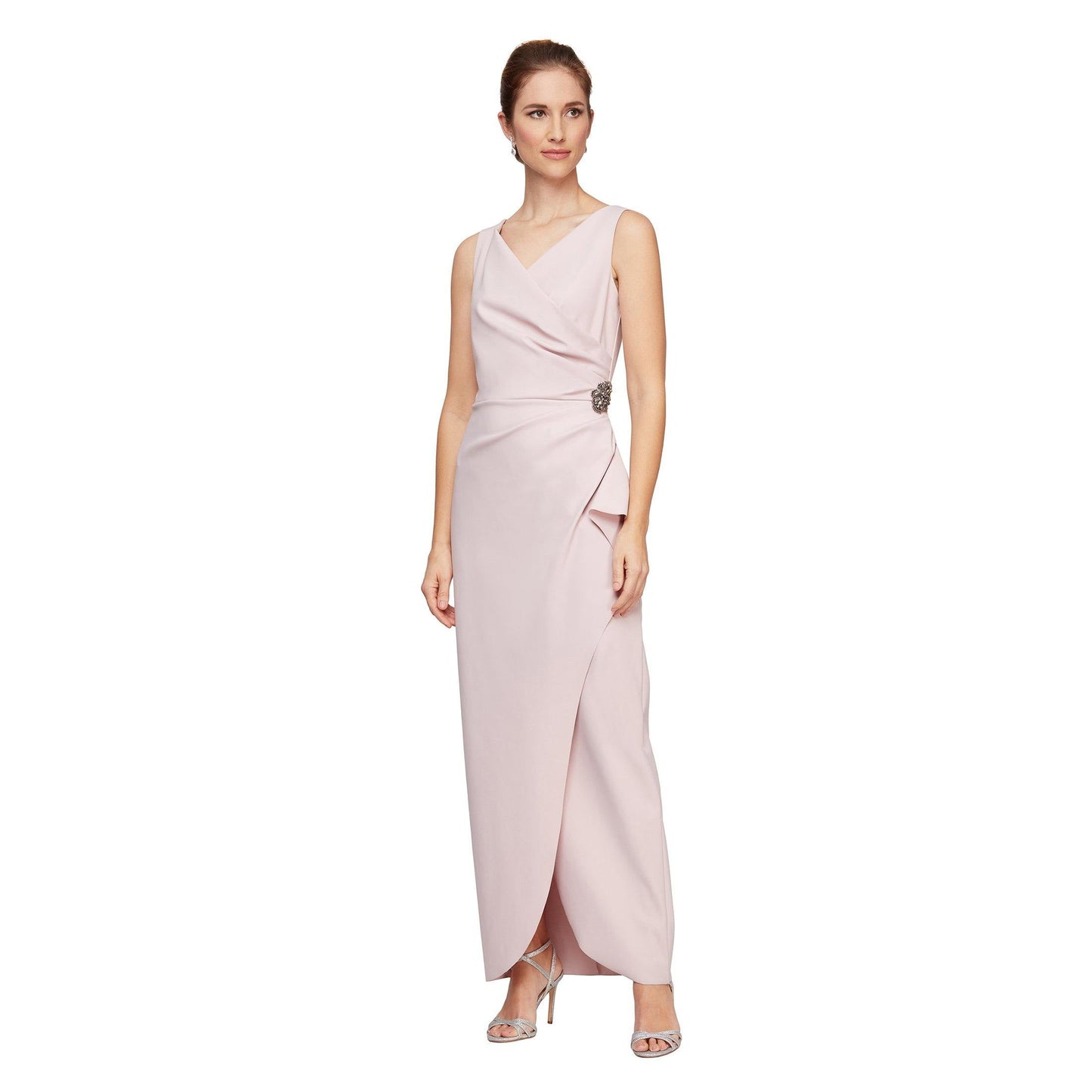 Blush sleeveless fitted long formal dress with V-neckline, beaded waist accent, and tulip hem