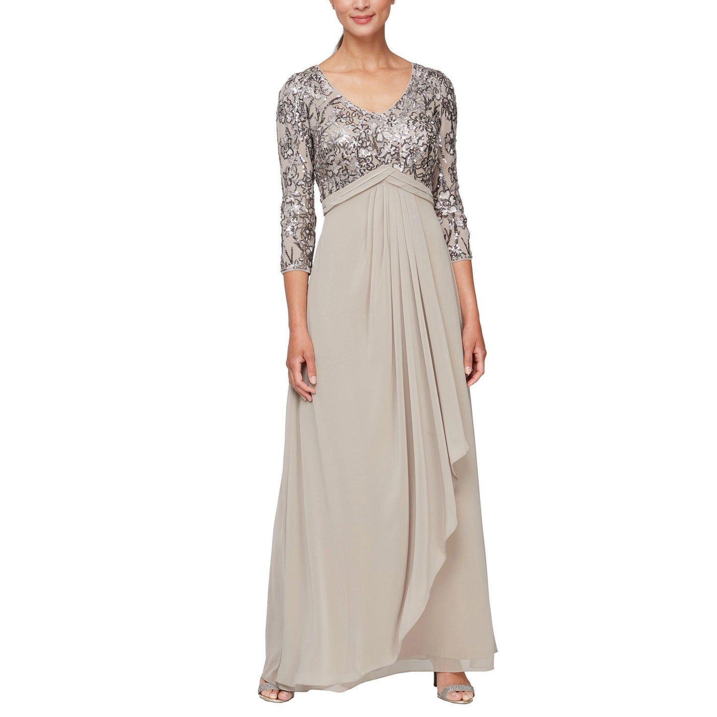 Navy mink formal long dress with 3/4 sleeves V-neckline empire waist and cascade skirt