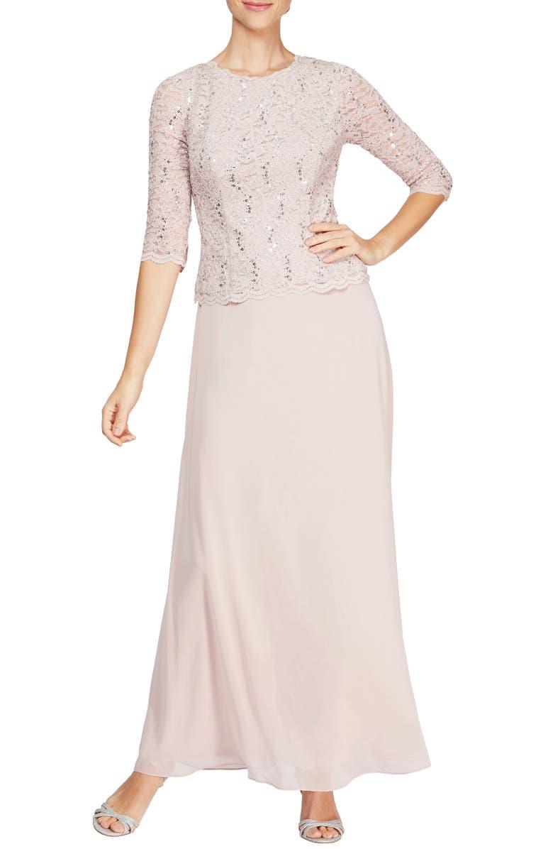 Deep plum navy heather mother of the bride A-line chiffon dress lace bodice cowl neckline