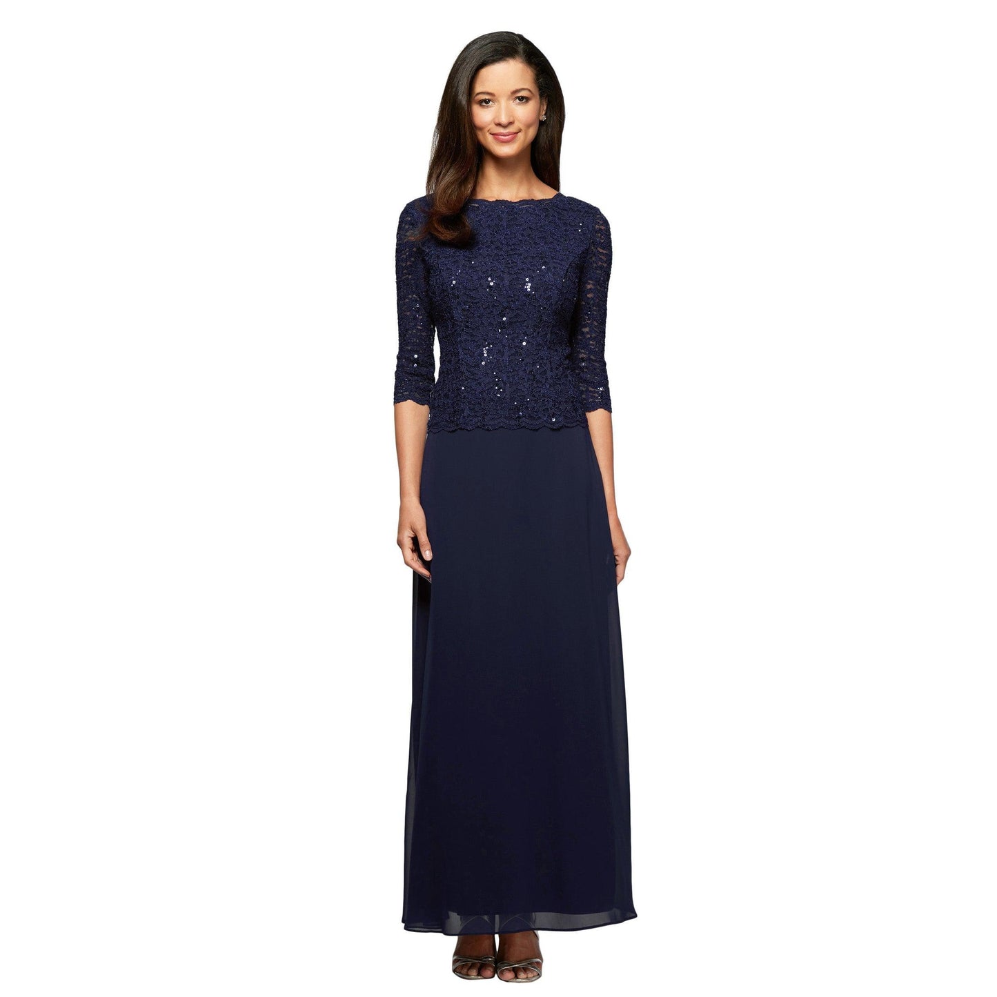 Deep plum navy formal A-line dress lace bodice cowl neckline 3/4 sleeves mother of bride