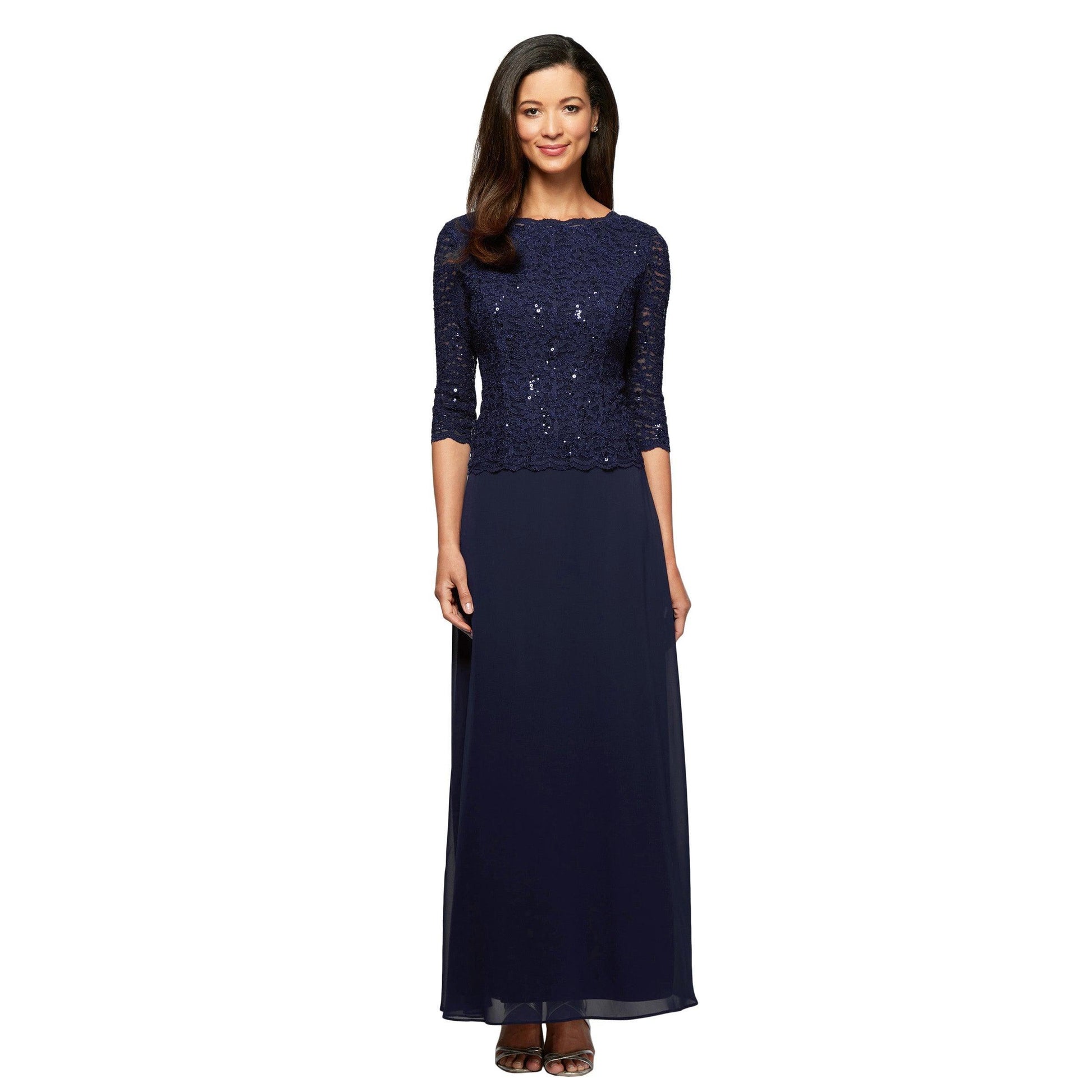 Deep plum navy formal A-line dress lace bodice cowl neckline 3/4 sleeves mother of bride
