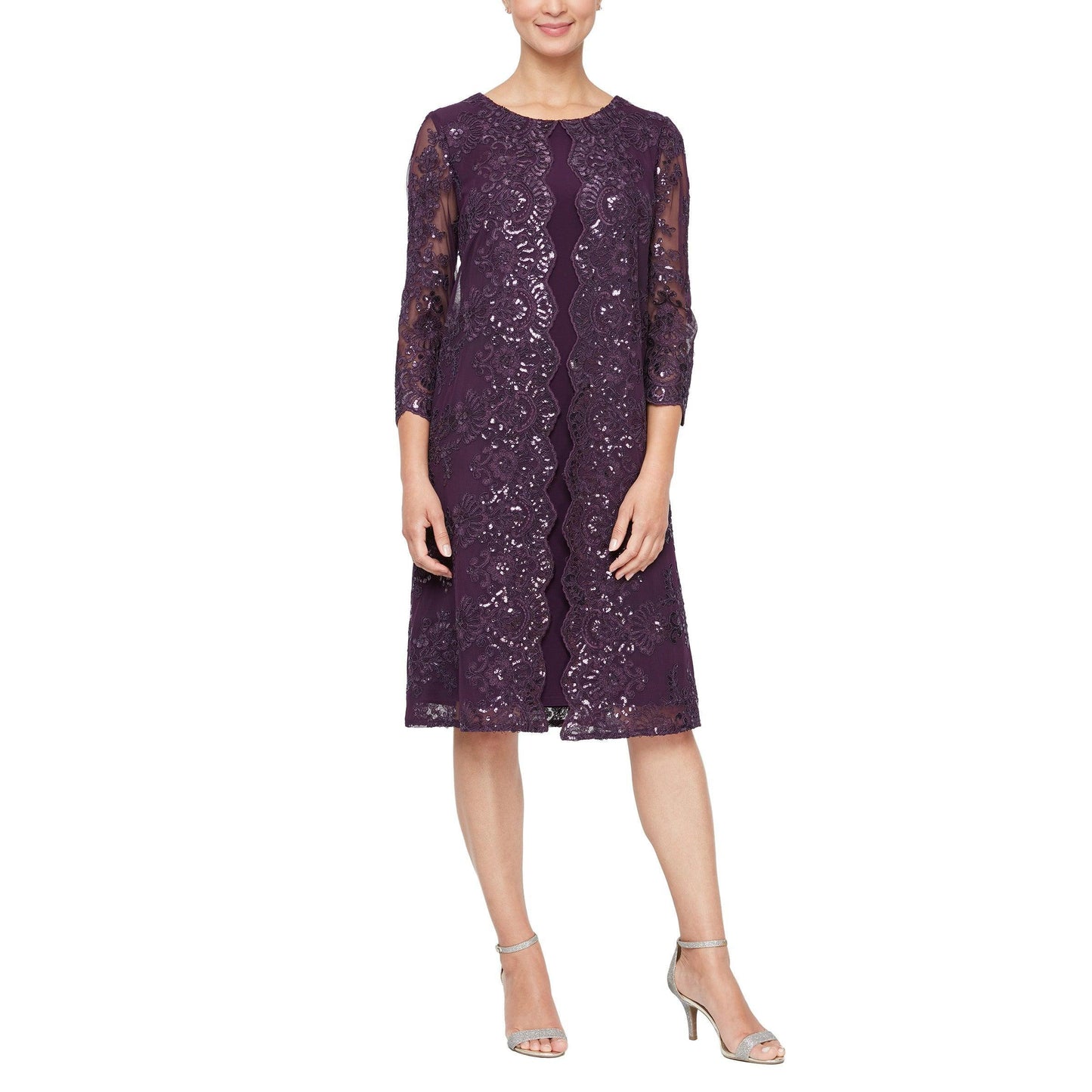 Eggplant vintage blue floral lace sequin knee-length mother of the bride dress with 3/4 sleeve boat neckline