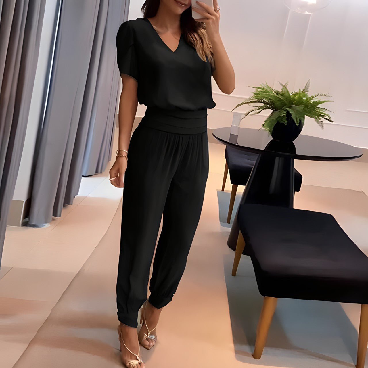 Women's two-piece lounge set neutral tones relaxed modern cut matching top and bottoms