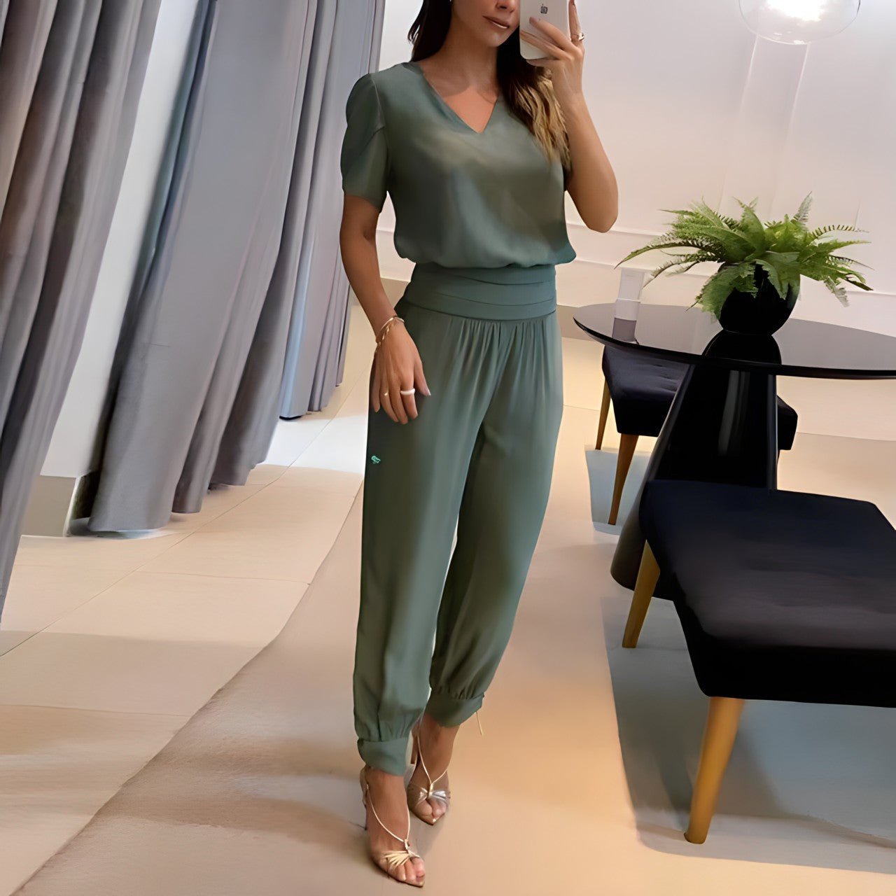 Trendy two-piece matching set in neutral tones, relaxed modern silhouette with effortless chic style
