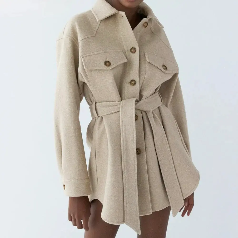 Amara loose wool belted coat in neutral tone, relaxed silhouette with adjustable waist belt