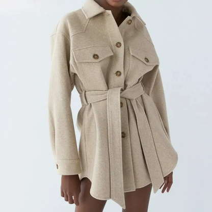 Amara loose wool belted coat in neutral tone, relaxed silhouette with adjustable waist belt