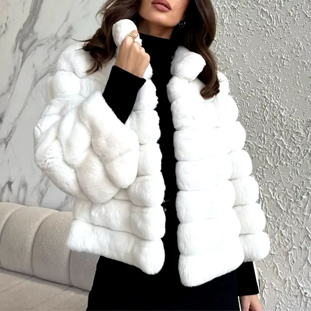 Amelie short boxy faux fur coat in neutral tone with plush luxurious texture for winter layering