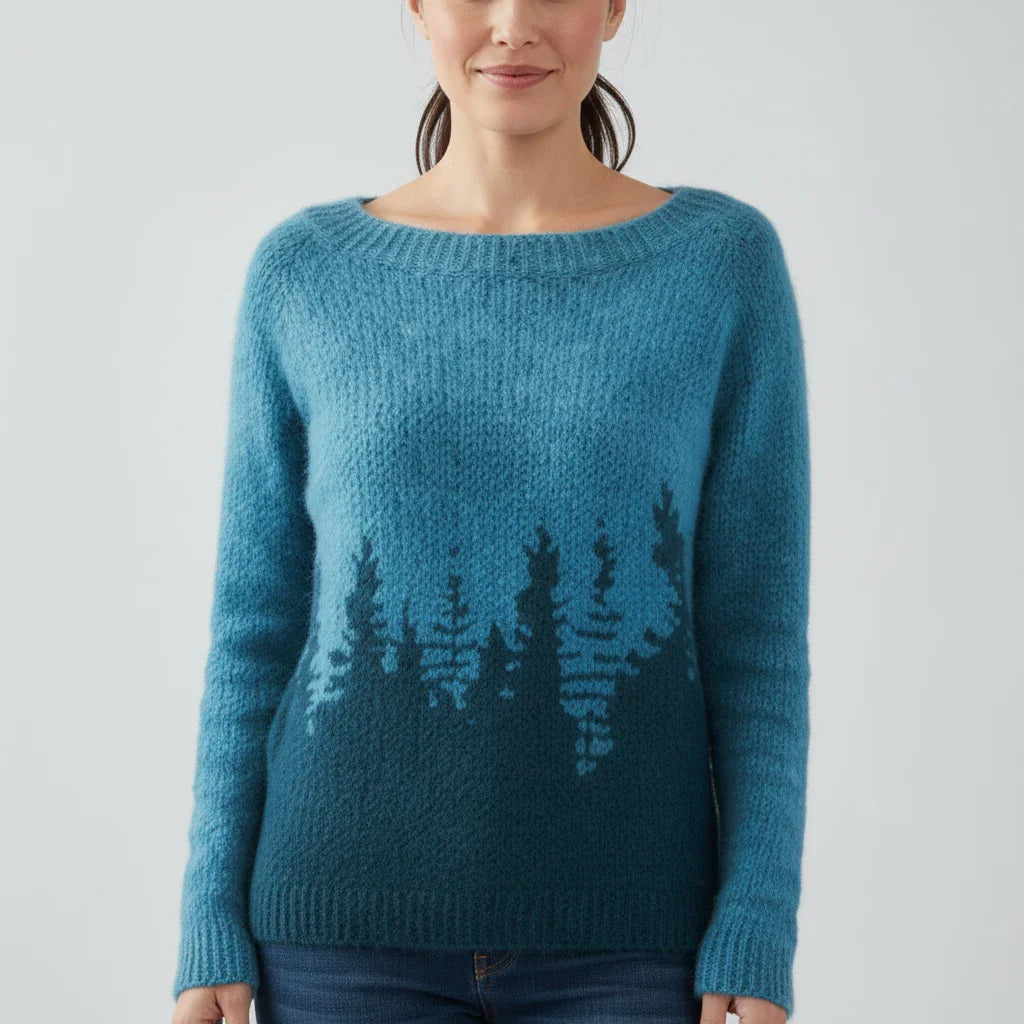 Women's relaxed-fit crewneck knit sweater with Fair Isle tree pattern, cozy everyday style
