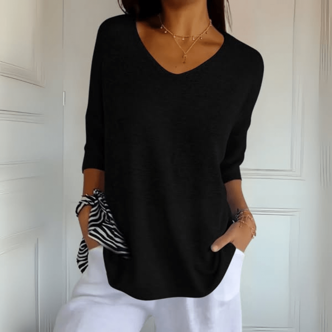 Toni soft knit v-neck top in neutral tone, flattering cut with breathable everyday comfort