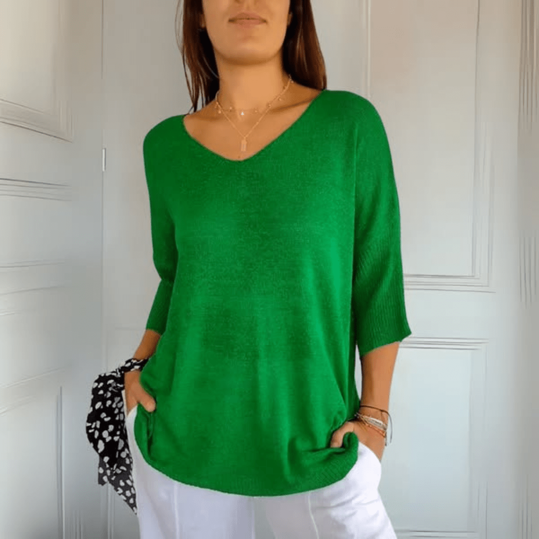 Toni soft knit v-neck top in neutral tone, flattering everyday silhouette with breathable fabric
