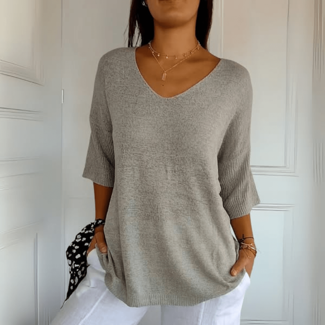 Toni V-neck knit top in soft breathable fabric, flattering everyday casual style