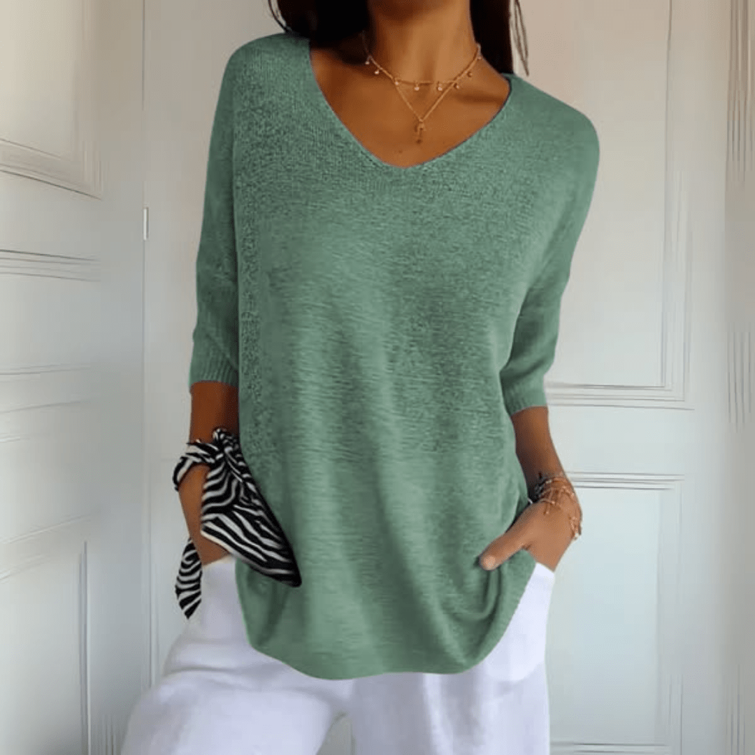 Toni V-neck knit top in soft neutral tone, flattering cut with breathable everyday comfort