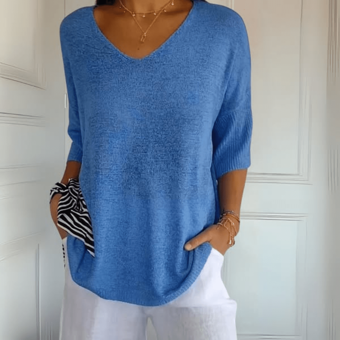 Toni soft knit v-neck top in neutral tone, flattering everyday casual style with breathable fabric