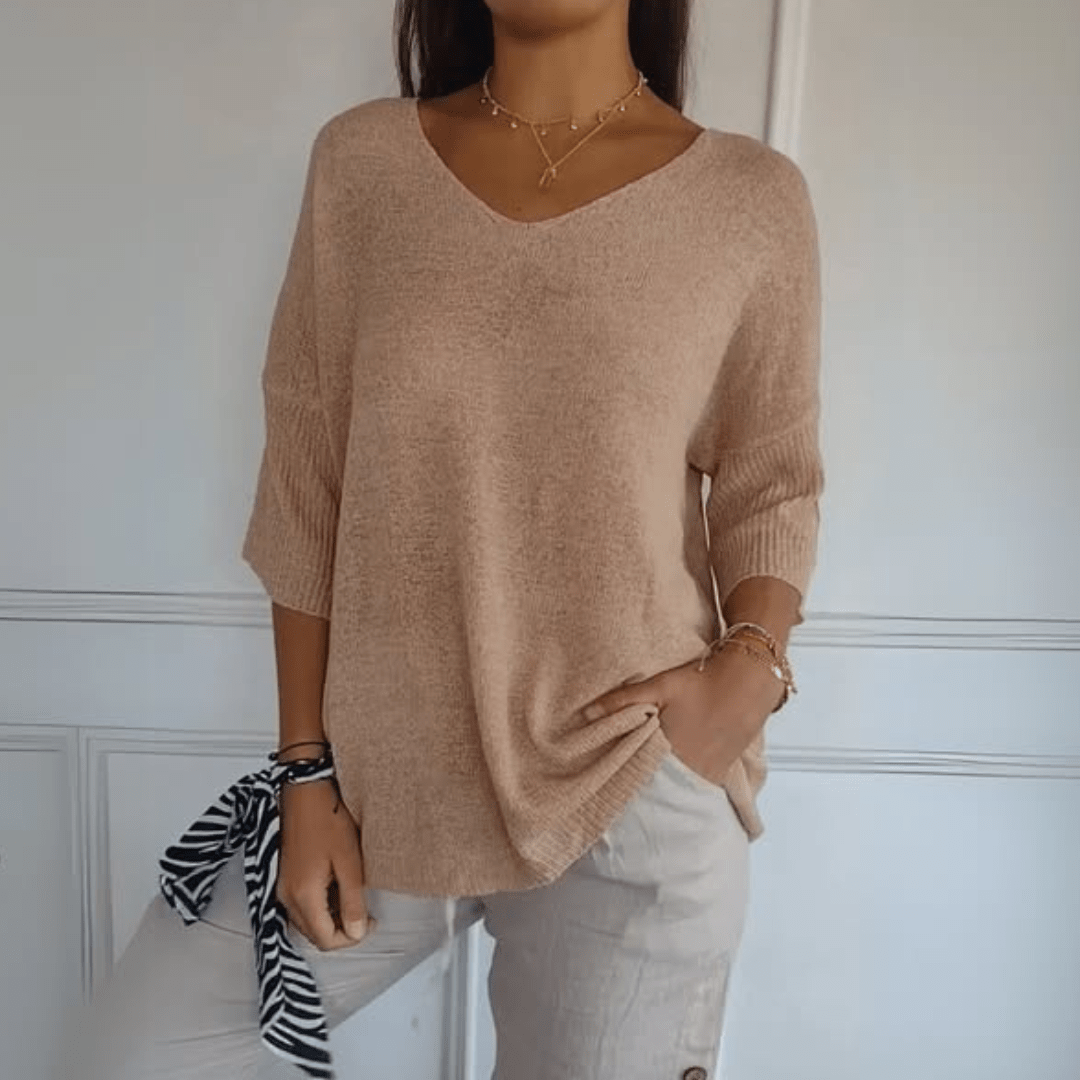 Toni soft knit v-neck top in neutral tone, flattering cut with breathable everyday comfort