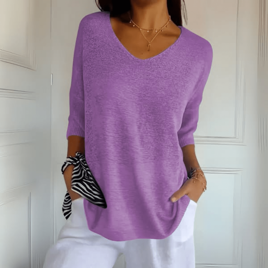 Toni soft knit V-neck top in neutral tone, flattering everyday essential with breathable fabric