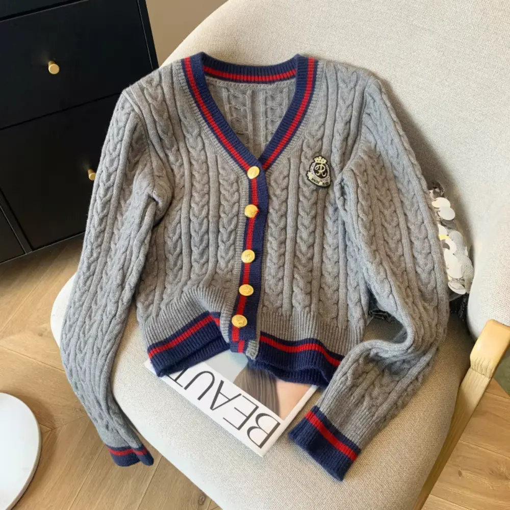 Women's preppy cashmere blend V-neck cardigan with twist knit texture for cozy autumn layering