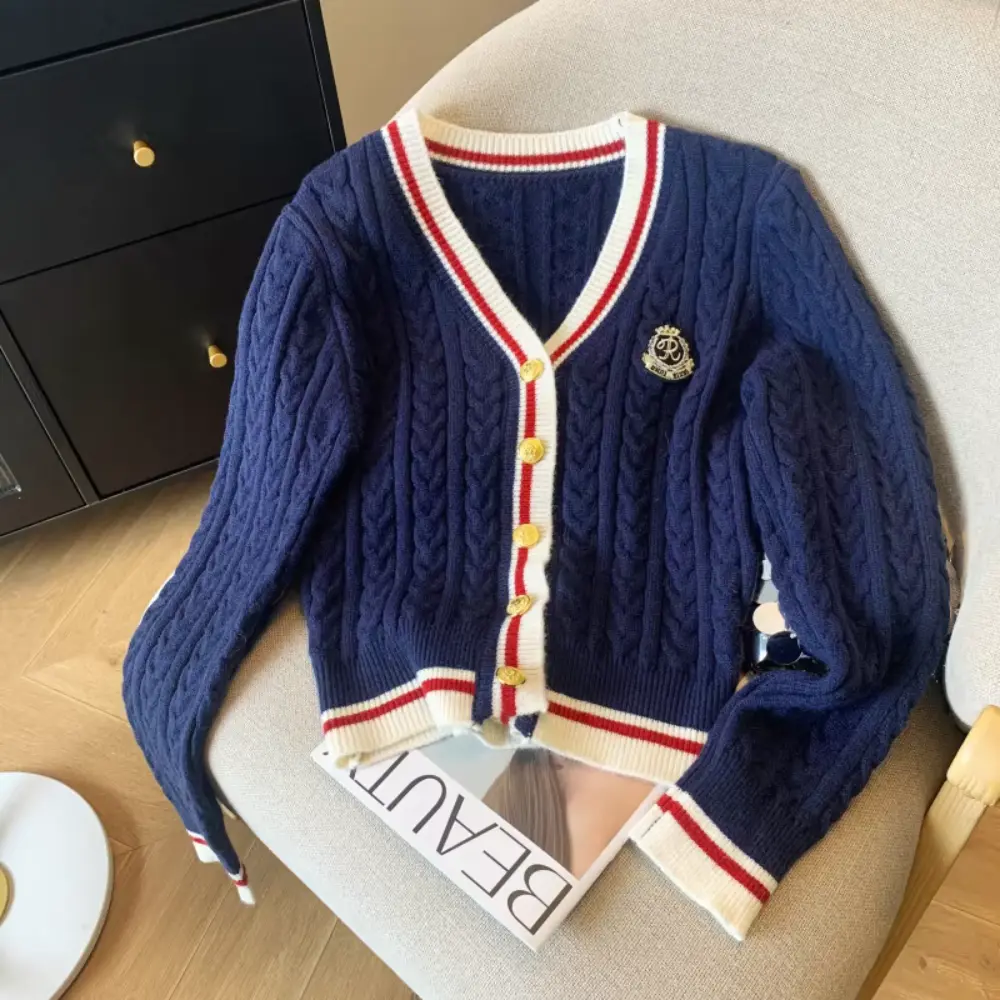 Women's preppy cashmere blend cardigan with V-neck and twist knit pattern for cozy layering