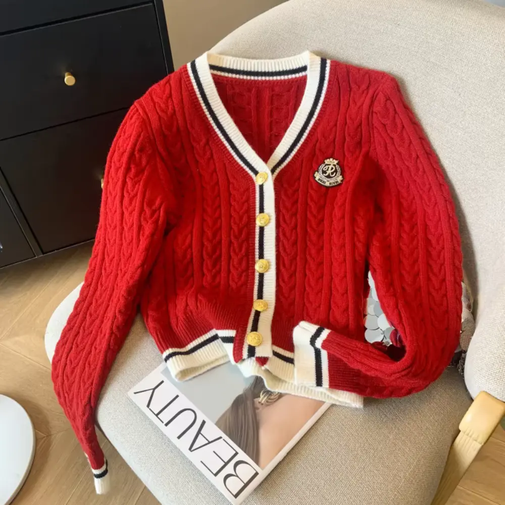 Women's beige cashmere blend V-neck cardigan with twist knit texture, cozy preppy layering style