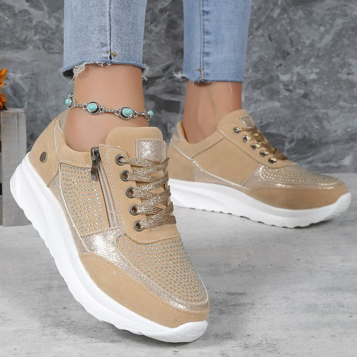 Women's suede comfort wedge sneakers with glitter lace-up detail in casual everyday style