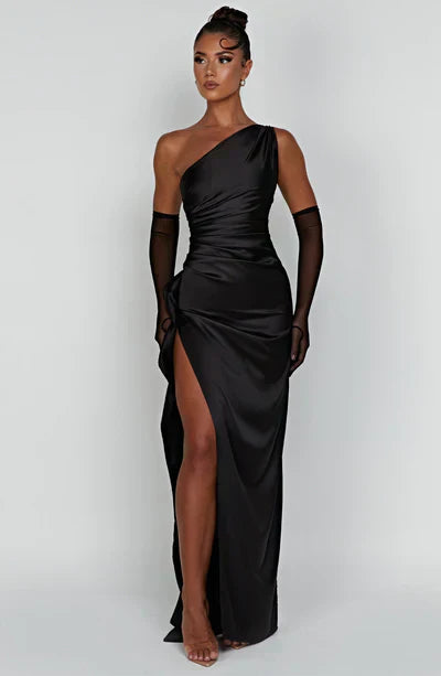 Champagne satin one-shoulder fitted evening dress with high slit, elegant formal silhouette