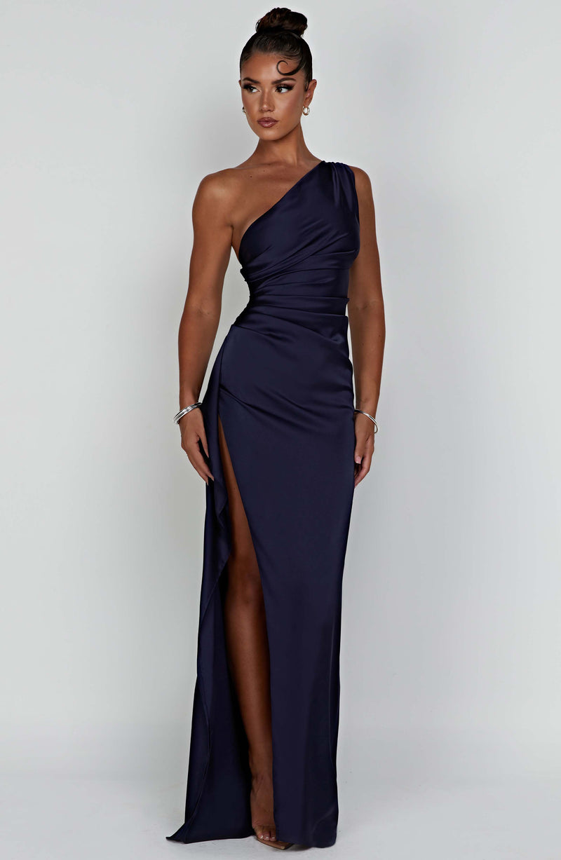 Dusty blue satin one-shoulder bodycon dress with sleek sculpted silhouette for wedding guests