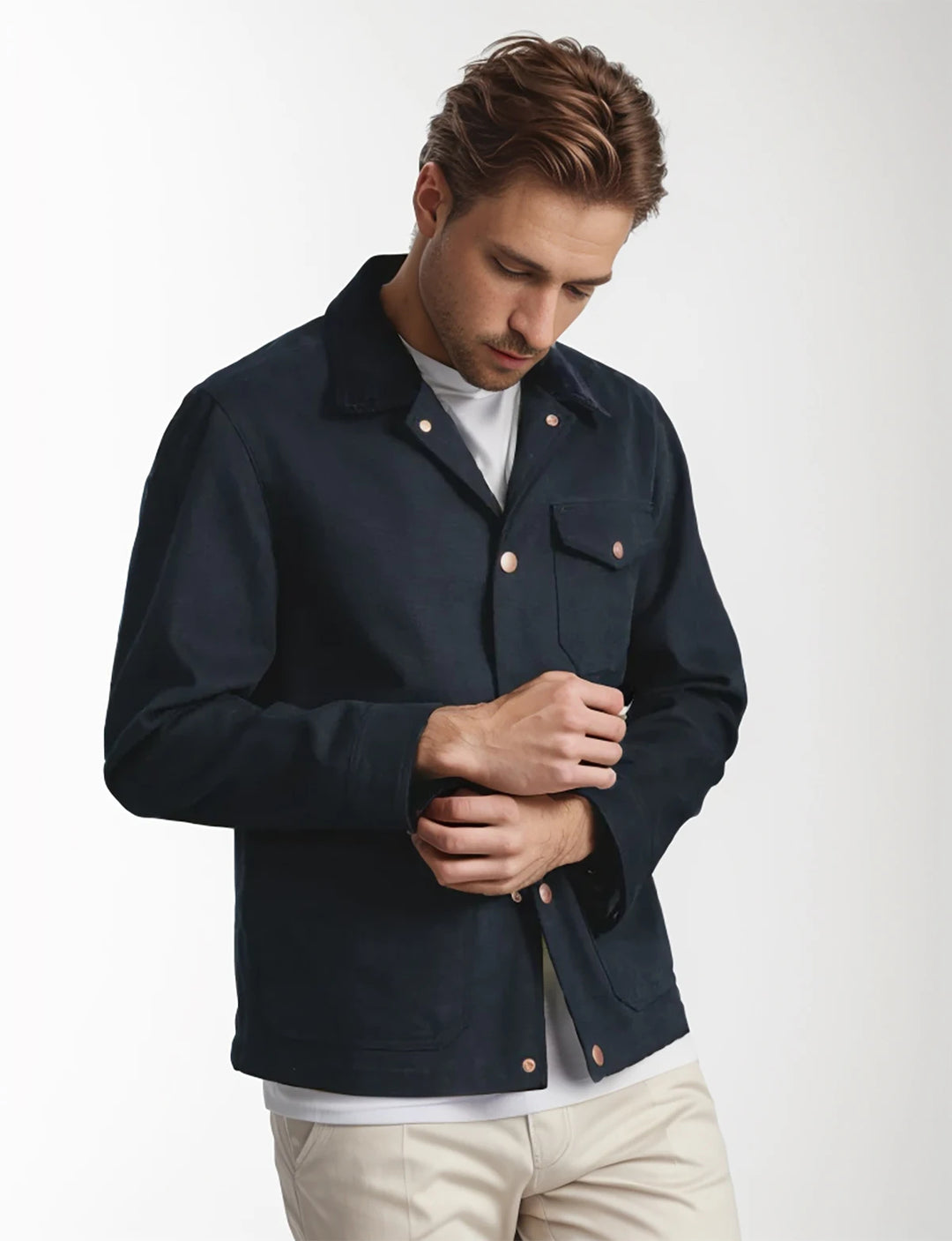 Men's navy relaxed fit button-down jacket with copper-toned hardware, casual everyday outerwear