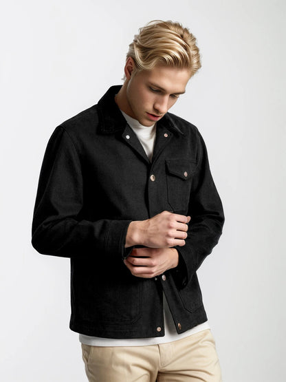 Men's navy relaxed fit button-down jacket with copper-toned hardware, casual everyday outerwear