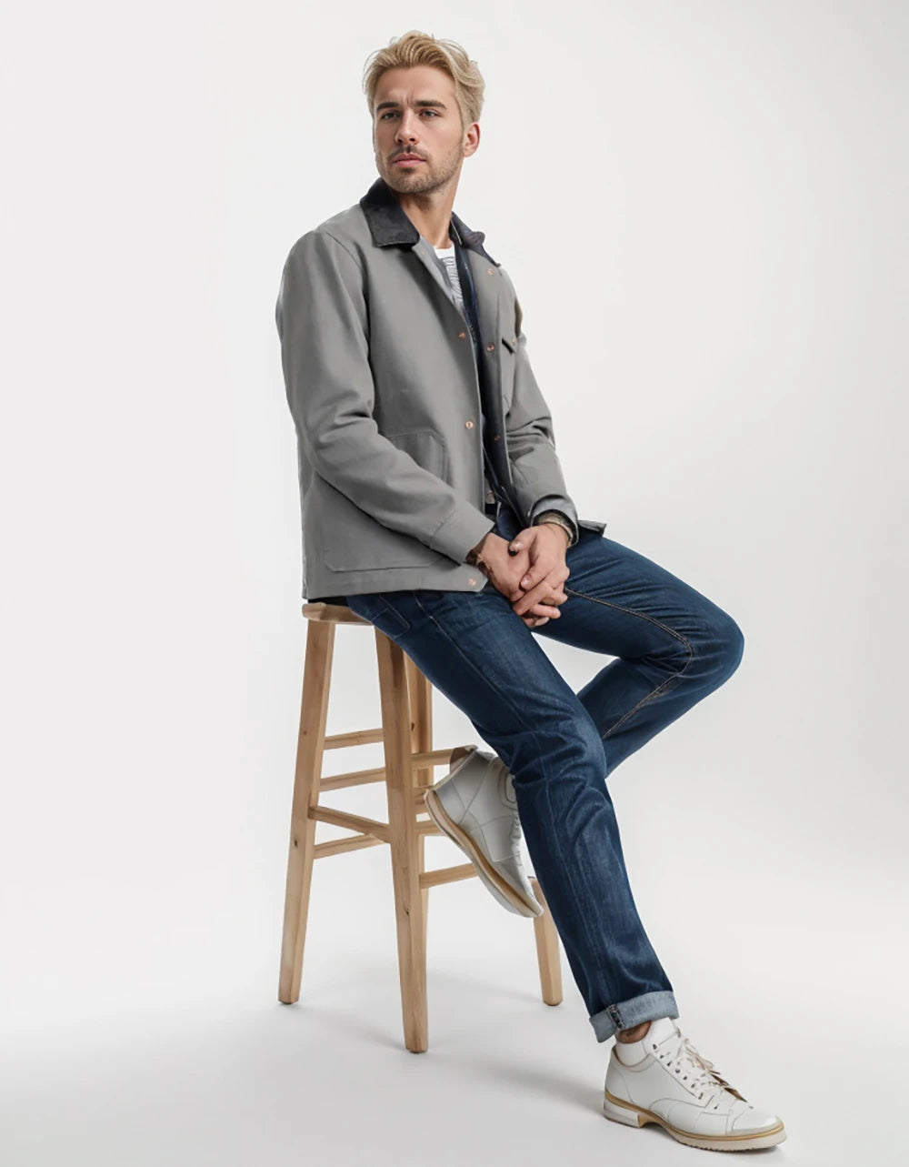 Men's navy relaxed-fit button-down jacket with copper-toned hardware, casual everyday outerwear