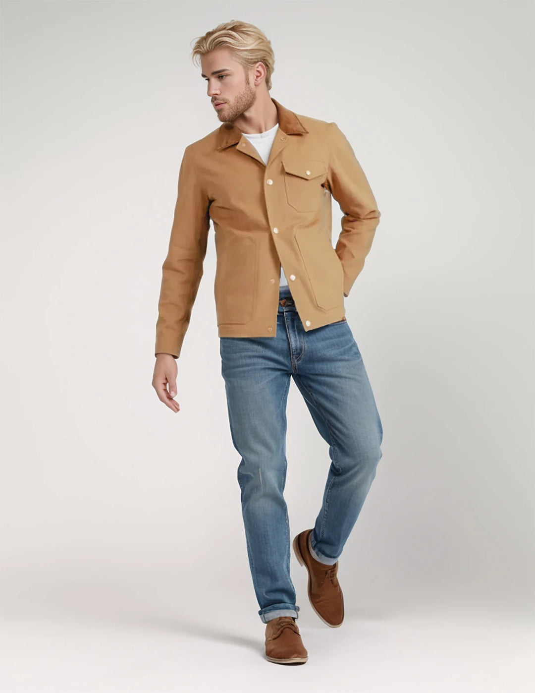Men's navy relaxed fit button-down jacket with copper-toned hardware, casual everyday outerwear